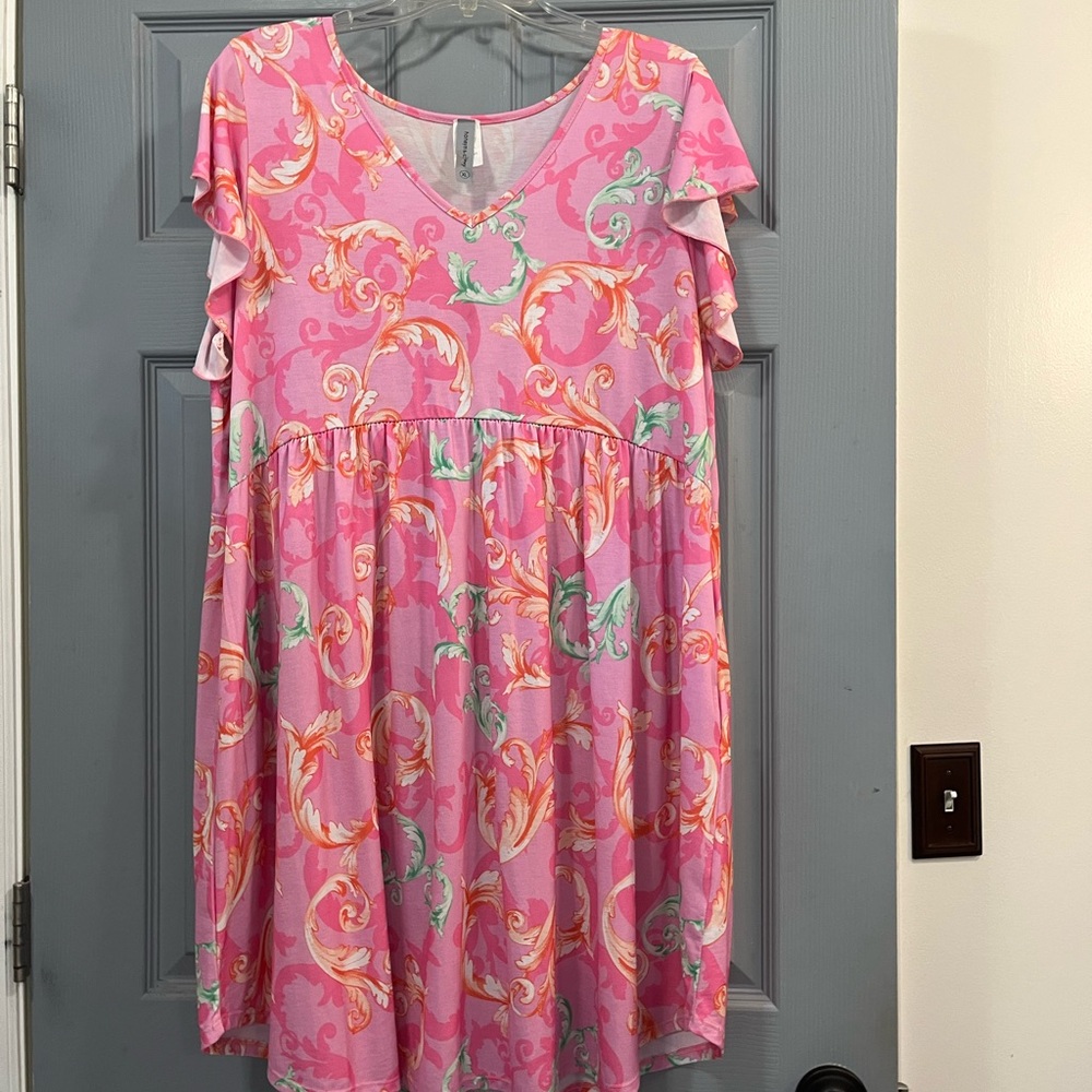 HoneyMe Pink and Yellow Ruffled Midi Sundress, Size XL